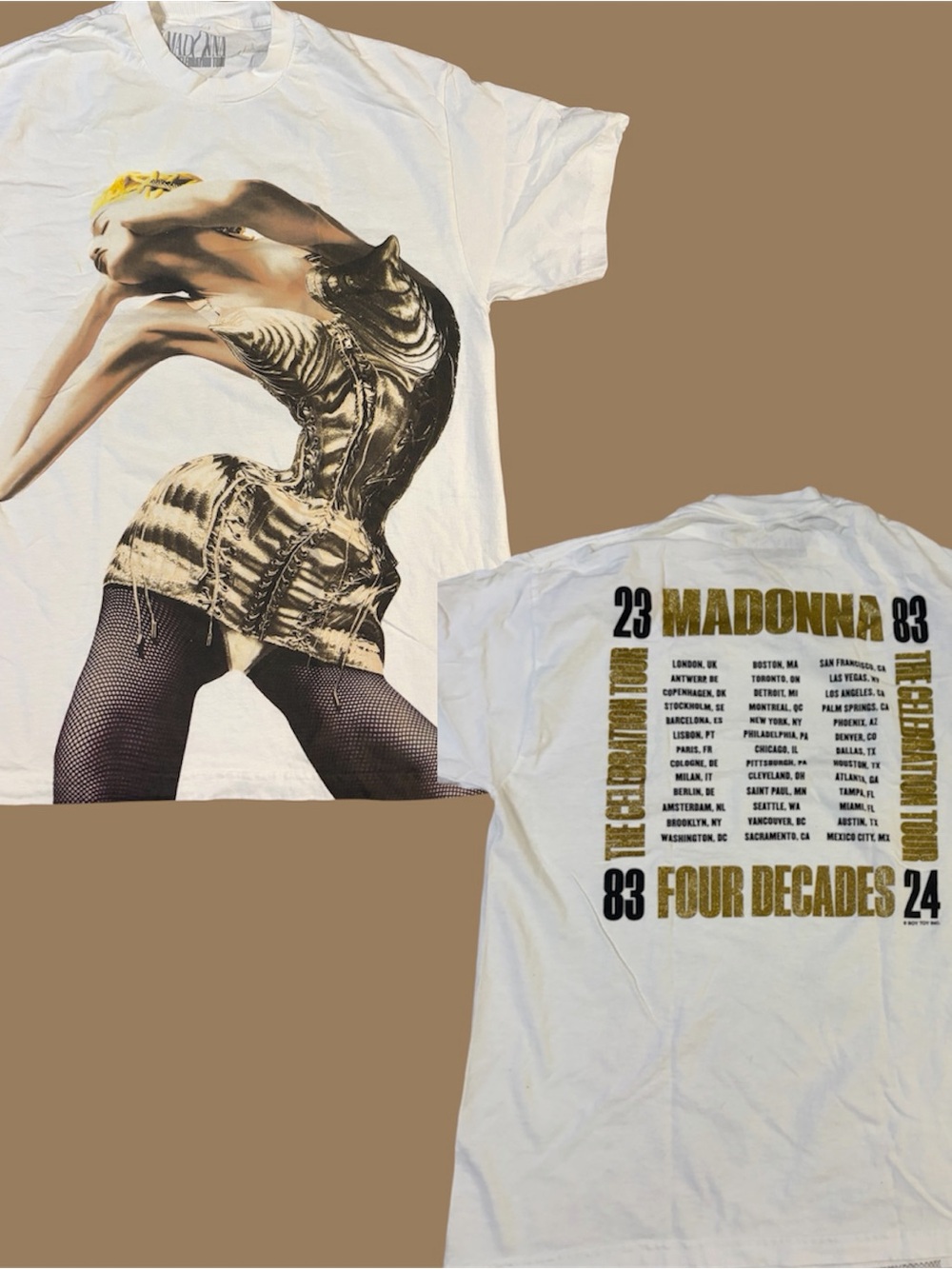 MADONNA CELEBRATION TOUR SHIRT GOLD GLITTER LETTERING POP UP BOY TOY
